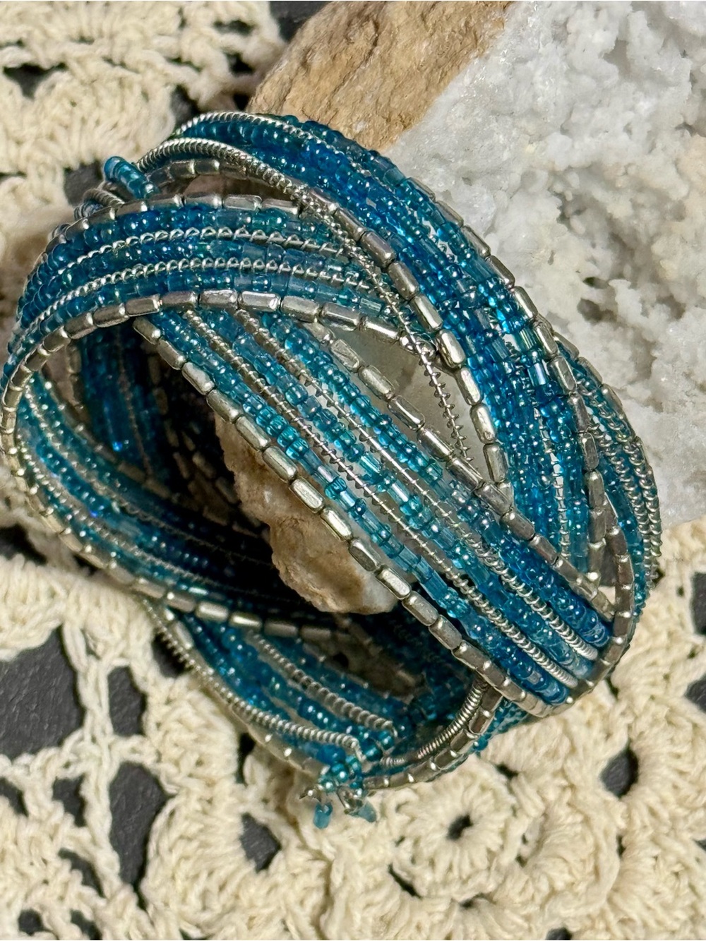 Handmade Blue & Silver Beaded Multi Crossed Strand Bracelet